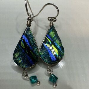 925 Sterling Silver Dichroic Glass Green Rainbow Dangle Earrings